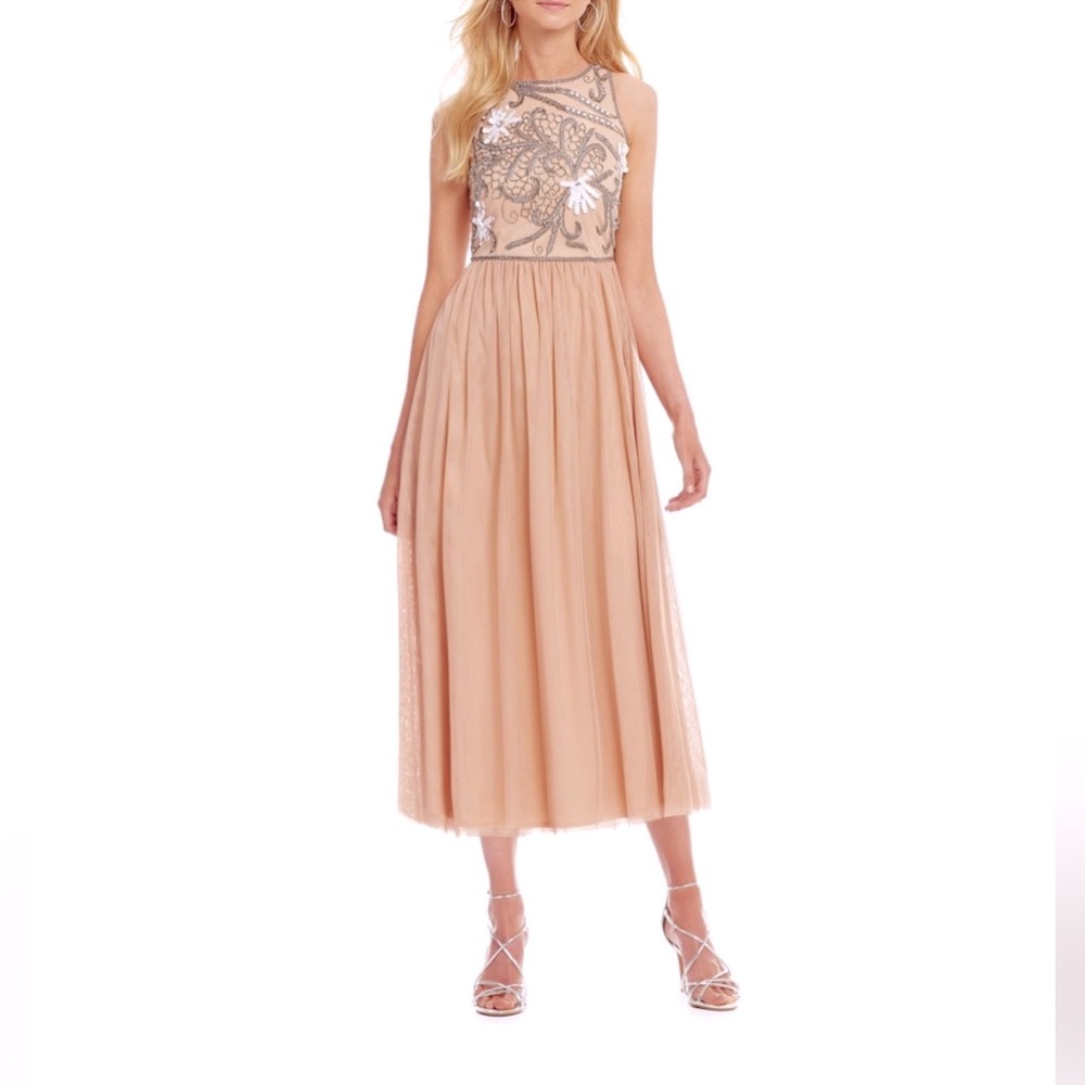 Gianni Bini Elise Beaded Midi Dress in Champagne Size 0